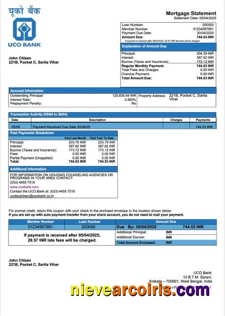 India UCO Bank mortgage statement Word and PDF template